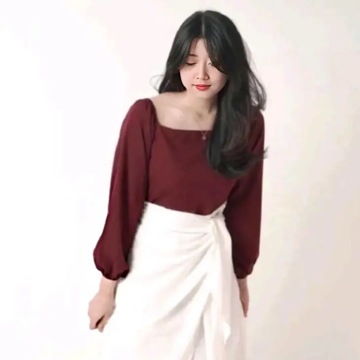 Blouse JEAN Baju Atasan Wanita Korean Style Sabrina Lengan Panjang  Lembut Nyaman Karet Bahan Rayon Twill Premium