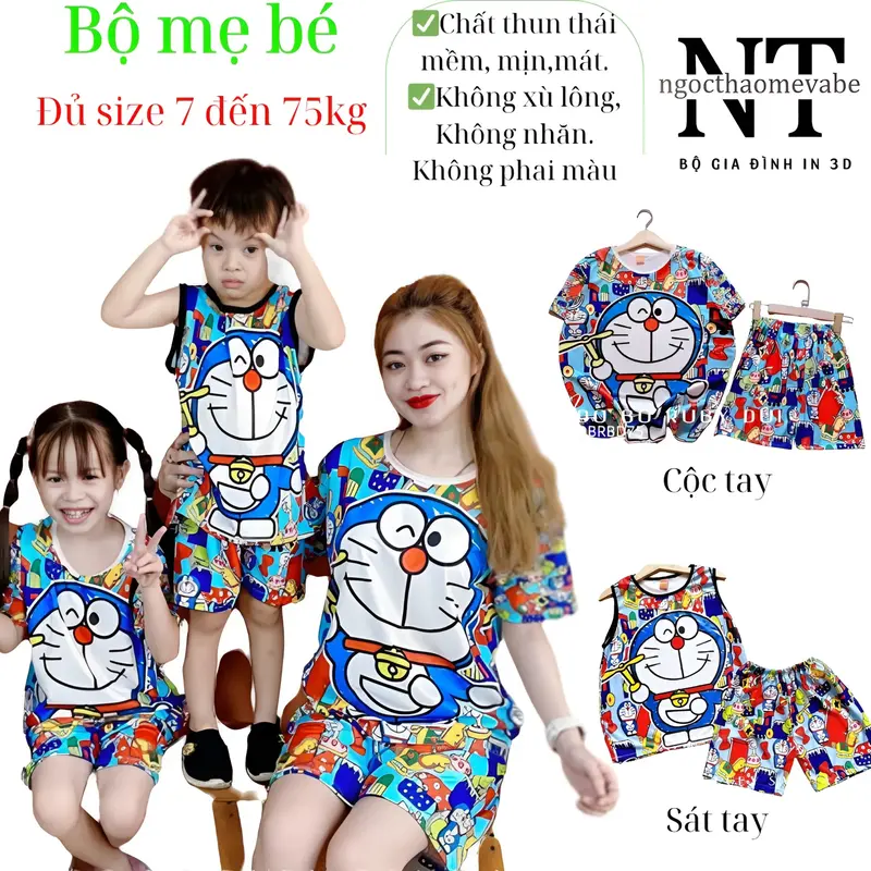Đồ bộ thun phù hợp mặc cặp mẹ và bé mẫu đoaremon sắc màu áo sát nách và cộc tay quần đùi chất thun thái k nhăn, k xù lông, k phai màu, mặc được cho bé trai, bé gái, và cho cả gia đình Top 0