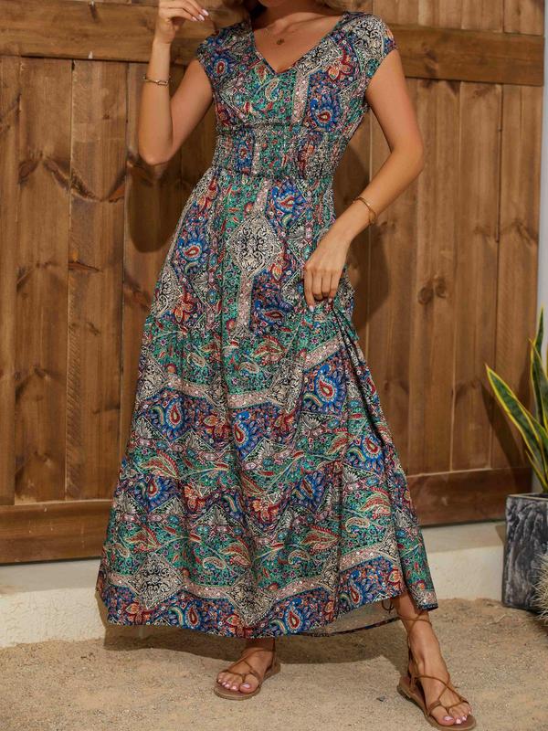Women's Ethnic Pattern Shirred A Line Dress, Summer Clothes Women, Boho Long Dress for Daily Wear Holiday Vacation, Ladies Dress for Summer, Womenswear 4