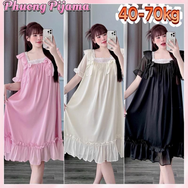 Đầm ngủ lụa xước cổ vuông trơn,mềm mịn mát,phối ren nơ,mặc bốn mùa,40kg70kg Váy Ngủ Nữ Kem Voi Women