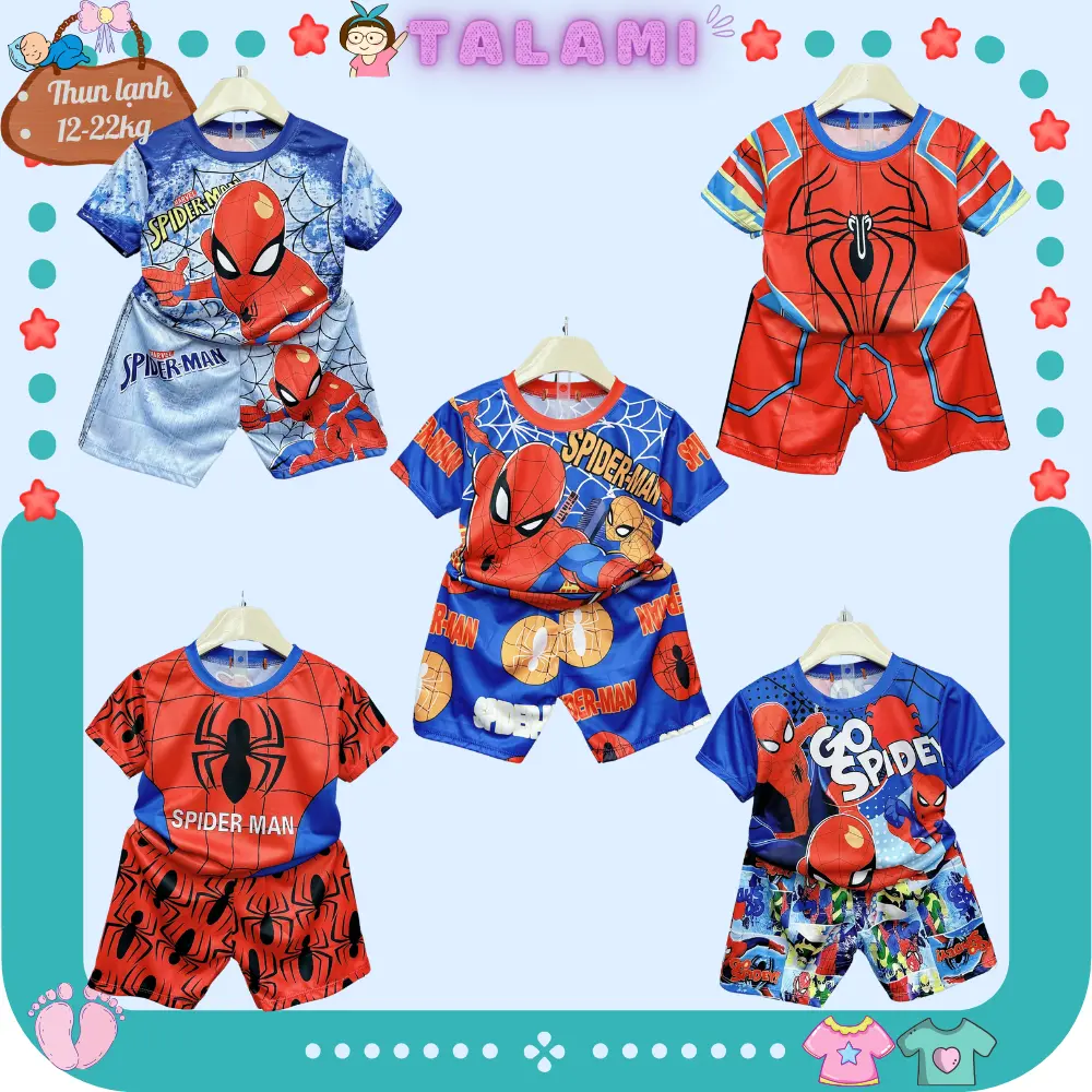 Quần áo bé trai, bộ quần áo siêu nhân nhện spider man cộc tay chất thun lạnh mềm mát in hình 3D toàn thân cho bé trai 12-22kg.