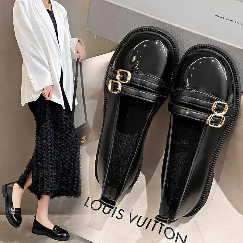 Loafers With Round Toe And Low Heel Belt Buckle Are Designed With A Sense Of Color-blocking