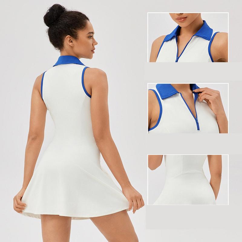 Product Introduction of Plus Size S-XXL Polo Tennis Dress With Zipper&Shorts Clashing Color Golf Badminton Dress Casual Quick-Dry Stretchy Workout Skirt 2