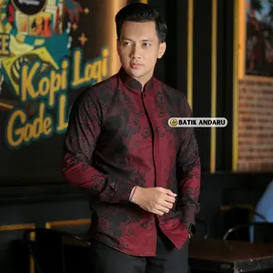 HAWARI Baju Koko Muslim Motif Batik Pria Slimfit Modern Lengan Panjang Katun Nyaman Full Furing Erro Warna Merah Maroon