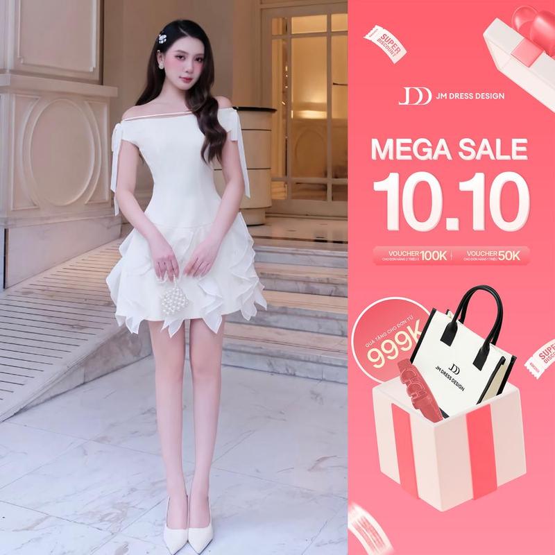 Đầm Trễ Vai Đính Nơ Chân Kẹp Bèo Đổ 1S62.2508K | Đầm Dự Tiệc Sang Trọng, Đầm Công Chúa Vintage Nữ Đẹp Thiết Kế Bởi JM