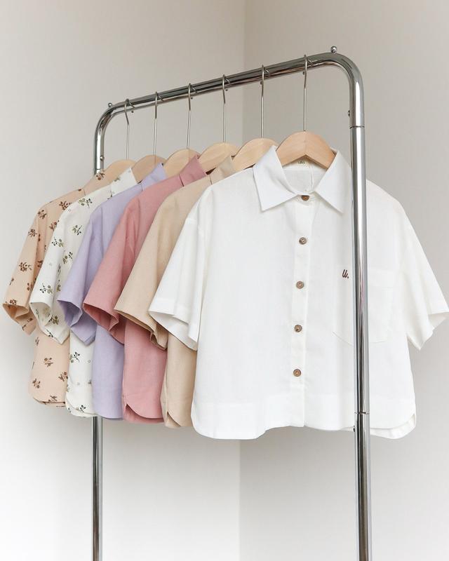 Áo sơ mi linen bột dáng lửng freesize - Lágum Croptop - by ufo.thebasic Nữ Women Cổ Tròn Shirt