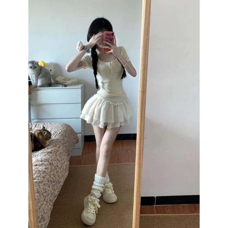Bộ Đồ Mùa Hè Cho Nữ, Phong Cách Ngọt Ngào Mới, Thiết Kế Hoa Chắp Vá, Áo Phông Ngắn Tay, Váy Xếp Tầng, Bộ Hai Mảnh, Thích Hợp Cho Cô Gái Nóng Bỏng, 2025 1
