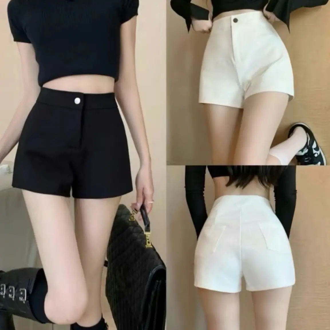 A8 Quần đùi nữ chất umi Bigsize,Quần short nữ lưng cao khoá trước 2 túi sau dáng ngắn Women Pants Đen