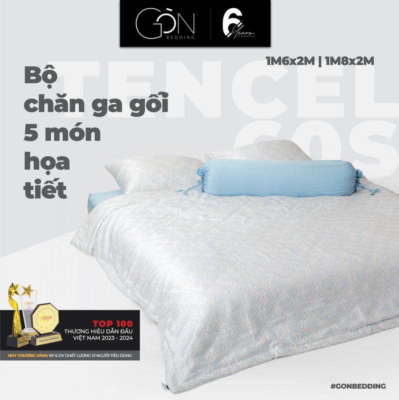 (Mẫu Mới) Bộ Chăn Ga Gối 5 Món Gòn Bedding Lụa Tencel 60s Cao Cấp - Màu Hoạ tiết Kích Thước 1m6x2m - 1m8x2m