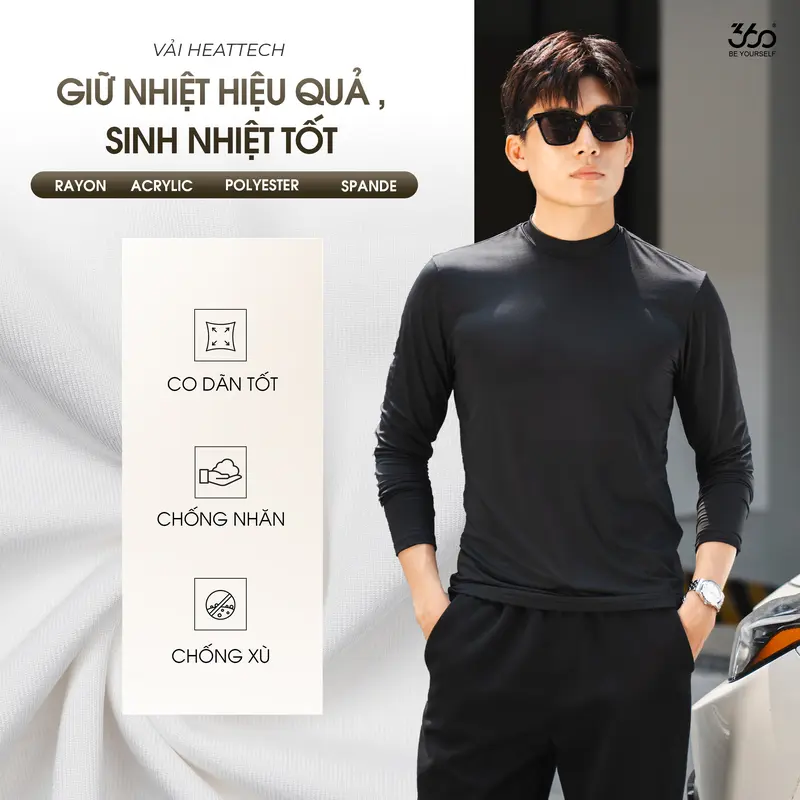 (Mua 2 áo tặng VOUCHER 40K) Áo giữ nhiệt nam 3 phân 360Boutique áo thun cổ cao dài tay ôm body mùa đông trắng đen Menswear - ATDOL528 2
