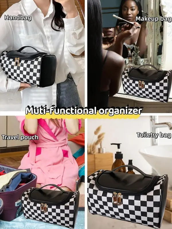 Women's Fashionable Plaid Pattern Handbag, Large Capacity Cosmetic Bag, Portable Toiletry Bag, Casual Trendy Versatile High-quality Daily Commuting Bag 5