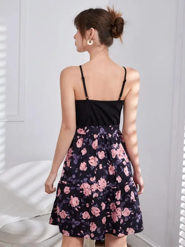 Women's Floral Print Belted Ruffle Hem Cami Dress, Elegant Adjustable Spaghetti Strap Fake Button Design A Line Cinched Waist Cami Dress for Vacation Holiday Wedding Guest, Ladies Clothes for All Seasons 1
