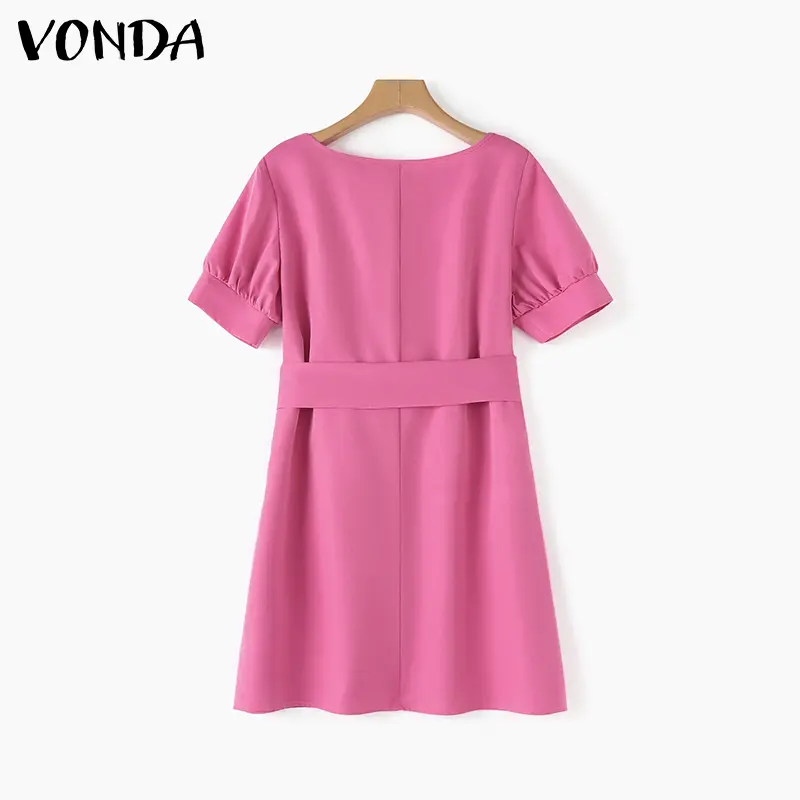 Váy Chữ A, VONDA, Phong Cách Ladylike Nữ, Cổ Tròn, Buộc Dây, Tay Phồng, Màu Trơn Váy Mini, Thiết Kế Hoa Hàn Quốc 5