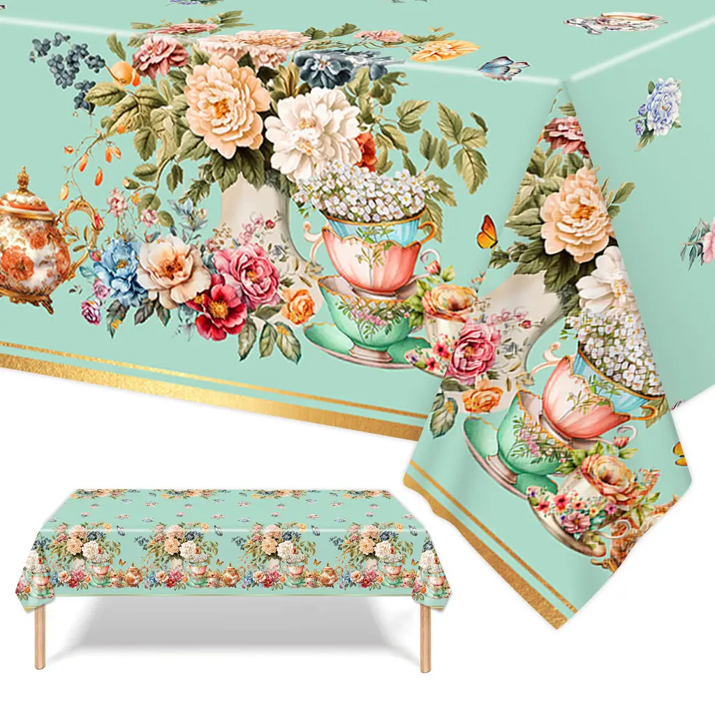 108CM Disposable Waterproof Green Tablecloth - Tea Party Pattern, Elegant & Eco-Friendly