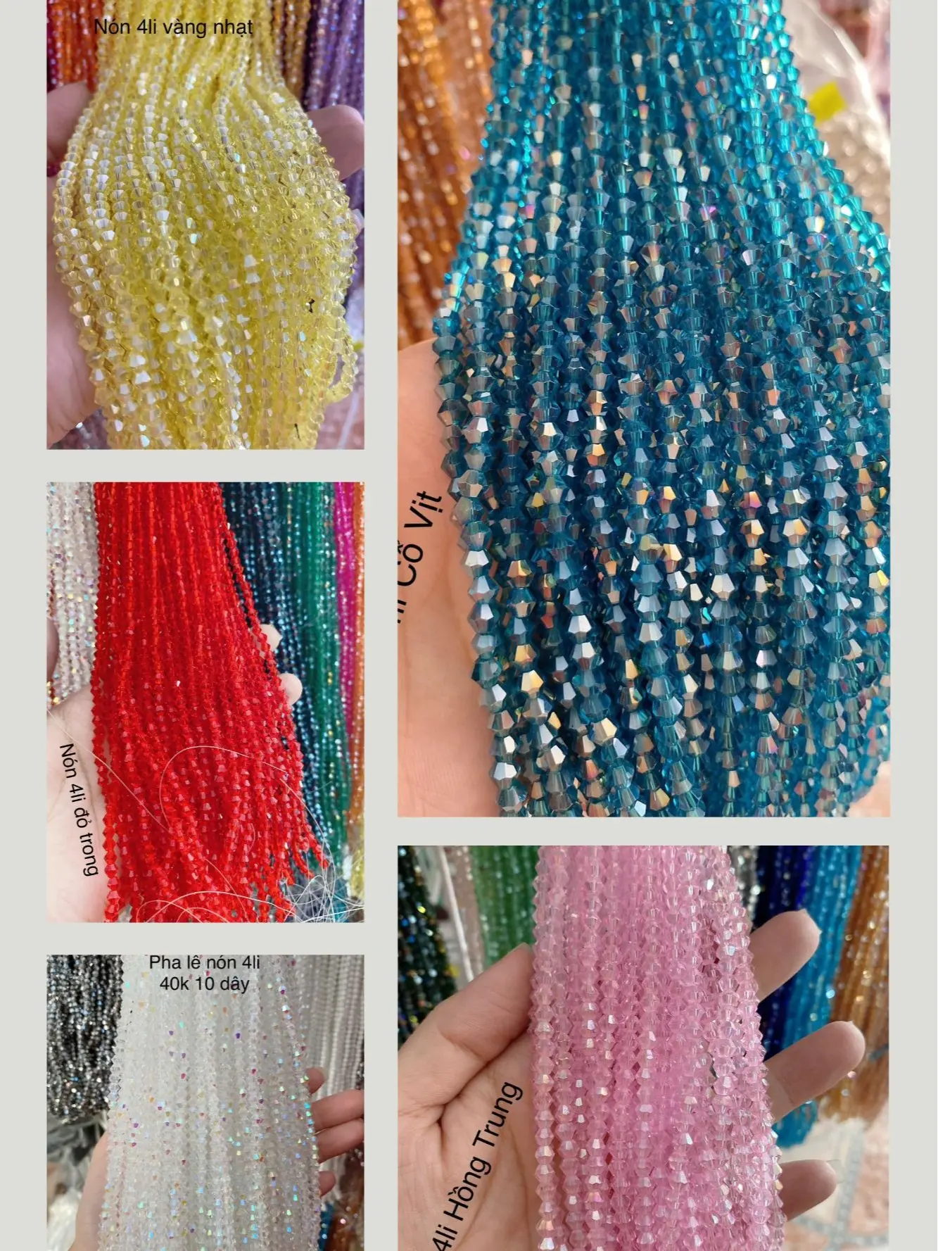 10 dây pha lê nón (thoi) 4mm nhiều màu dùng để đính kết sản phẩm may mặc, handmade