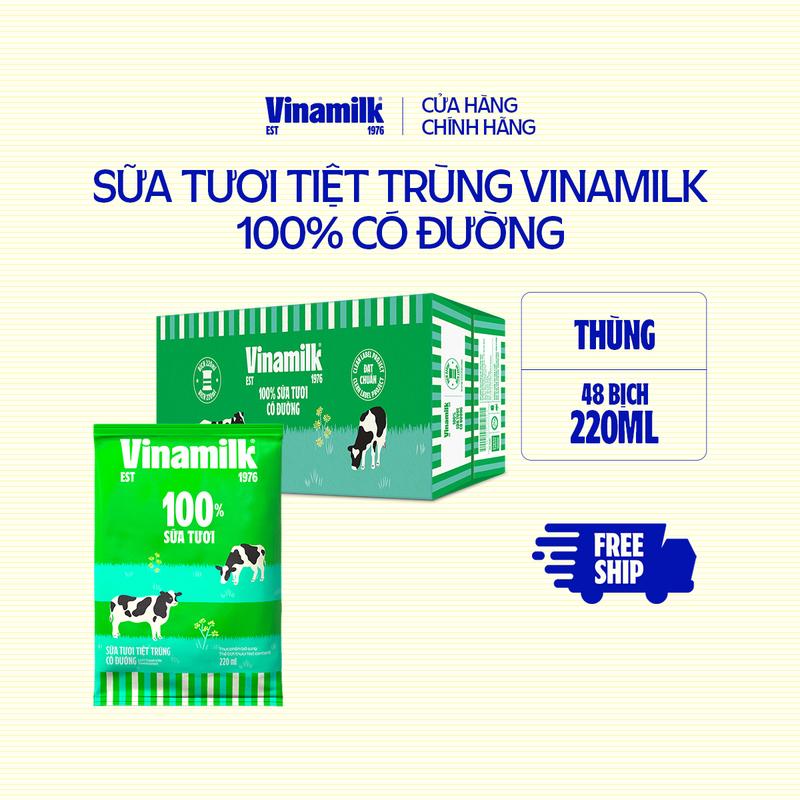 Thùng 48 bịch Sữa tươi tiệt trùng có đường Vinamilk 100% Sữa tươi 220ml