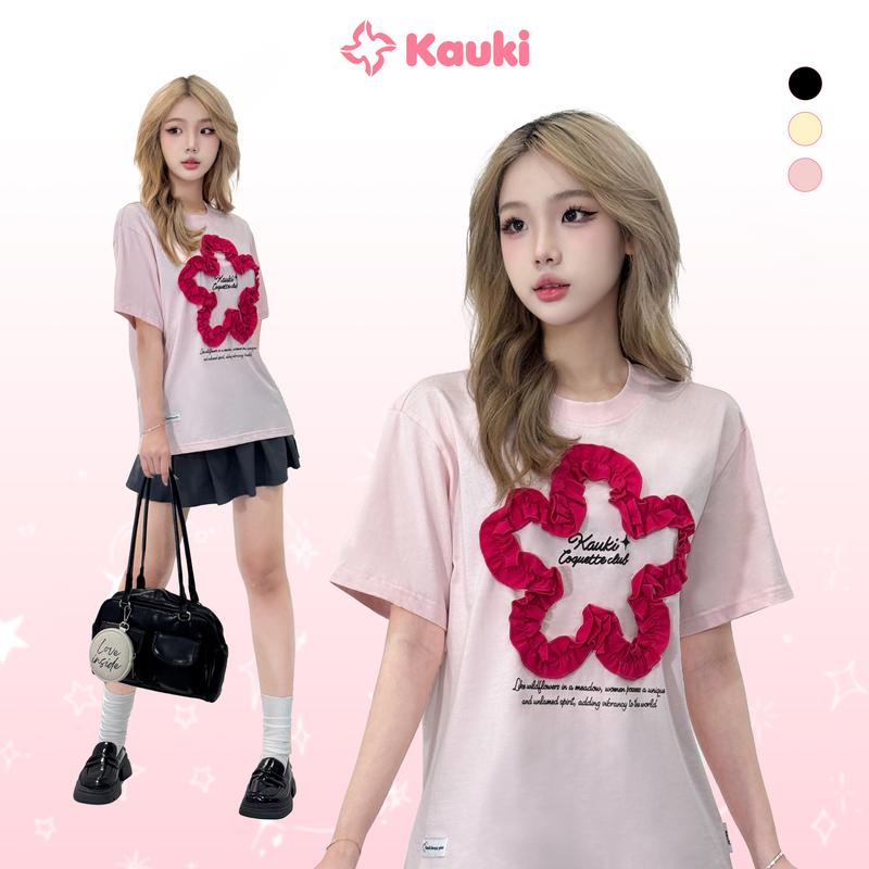 Áo Thun Kauki Hoa Nổi May Nhúng Unisex Form Rộng Oversize Cotton 250gsm Nam Nữ Top Cá Tính Năng Động FR14 Cổ Tròn Women Nhung Kem 0