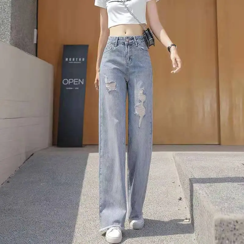 Internet celebrity ripped jeans, women's high waisted versatile spring and summer new style, loose straight leg hanging feeling, wide leg floor length pants
