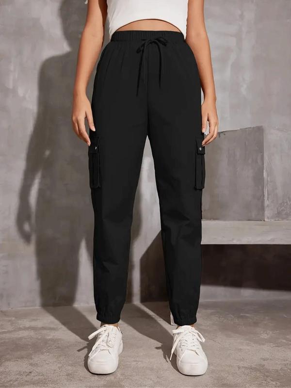 Women's Solid Pocket Drawstring Cargo Pants, Casual Y2K Style Pants for Daily Wear, Ladies Bottoms for Spring & Fall 7