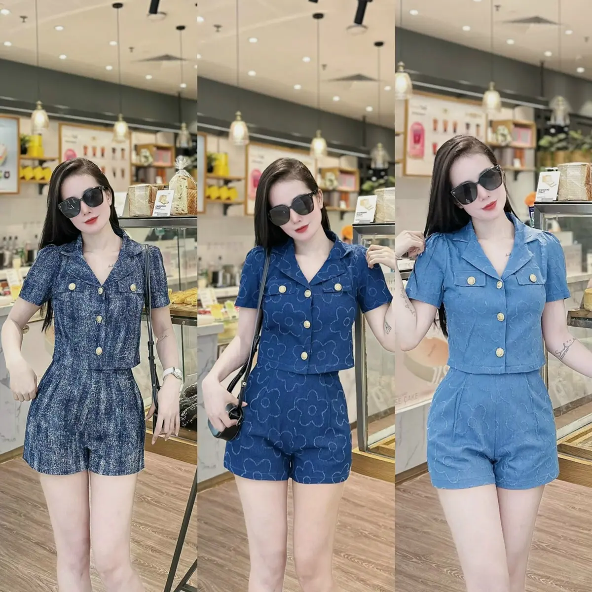 Set bò co giãn áo cộc tay cổ vest phối cúc đồng, quần sooc khoá kéo sau lịch sự sang trọng size SMLXL Women
