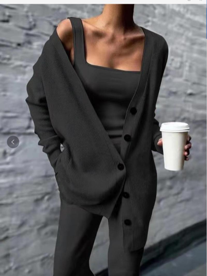 Product Introduction of Women's Solid Long Sleeve Button Front Cardigan & Square Neck Tank Top & Elastic Waist Pants Set, Ladies Clothes for Outdoor Travel Holiday, Tall Clothing Women, Co Ords for Women 1