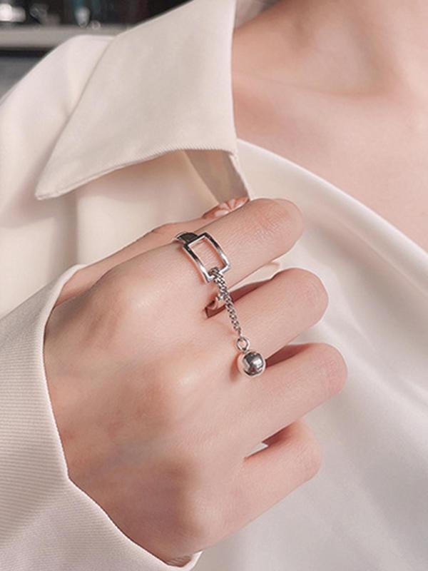 S925 Sterling Silver Creative Hollow Geometric Splicing Tassel Ball Chain Ring, Fashion Jewelry Accessories for Women, Trendy All-match & Exquisite Jewelry for Birthday Gift 3