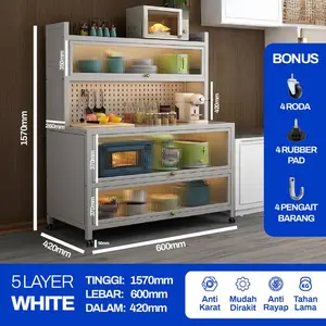 Rak Dapur Besi Rak Oven Microwave Rak Penyimpanan Multi-layer Dengan Roda  | Rak Dapur Multifungsi - 5L-WHITE-L 60