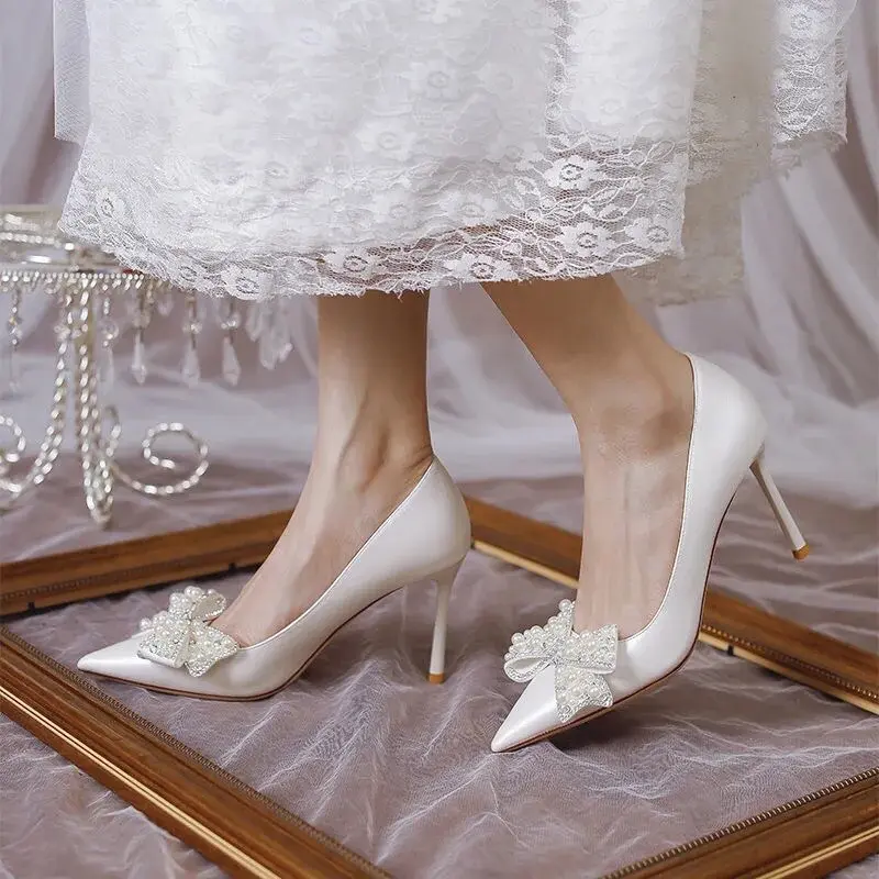 Giày cao gót nữ giày nơ đính ngọc gót nhọn 9cm và 7cm Shoes giày cưới giày  caogót 6