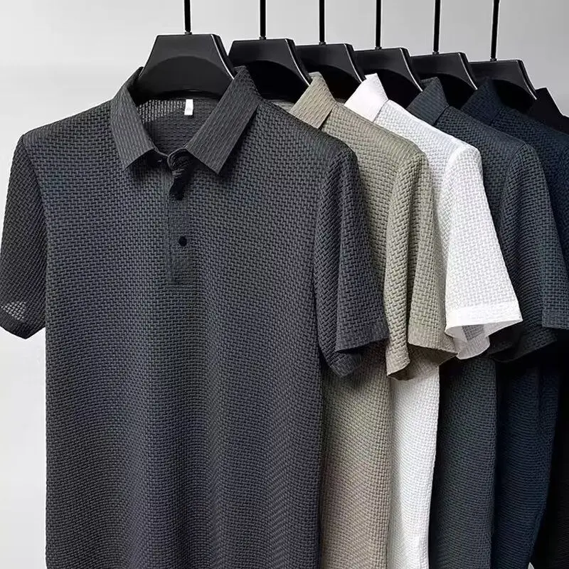 2025 [Store Hot Sale] Summer High-End Mesh Ice Silk Short Sleeve T-shirt Men's Shirt Collar Solid Color Slip Polo Shirt Casual Half Sleeve Clothes