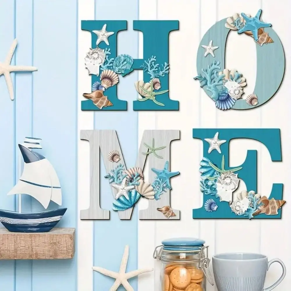 4Pcs/set Rustic Beach Theme Ocean Sign Pendant Nautical Style Unique Wooden Hanging Pendant Handmade Wall Hanging Ornaments Living Room