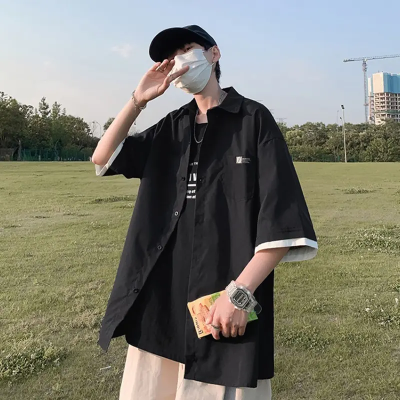 Kemeja pria lengan pendek korean style oversize kemeja hitam cowok kasual kemeja batik longgar kemeja panel pria kaos couple pasangan kemeja polos korea Premium Impor kemeja2023 Remaja 2
