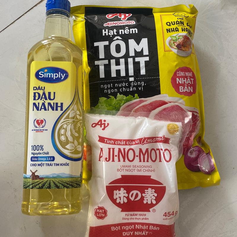 Combo tiện lợi 3 món dầu simply 1 lít + hạt nêm Ajinomoto tôm thịt 900gr + bột ngọt Ajinomoto 454gr