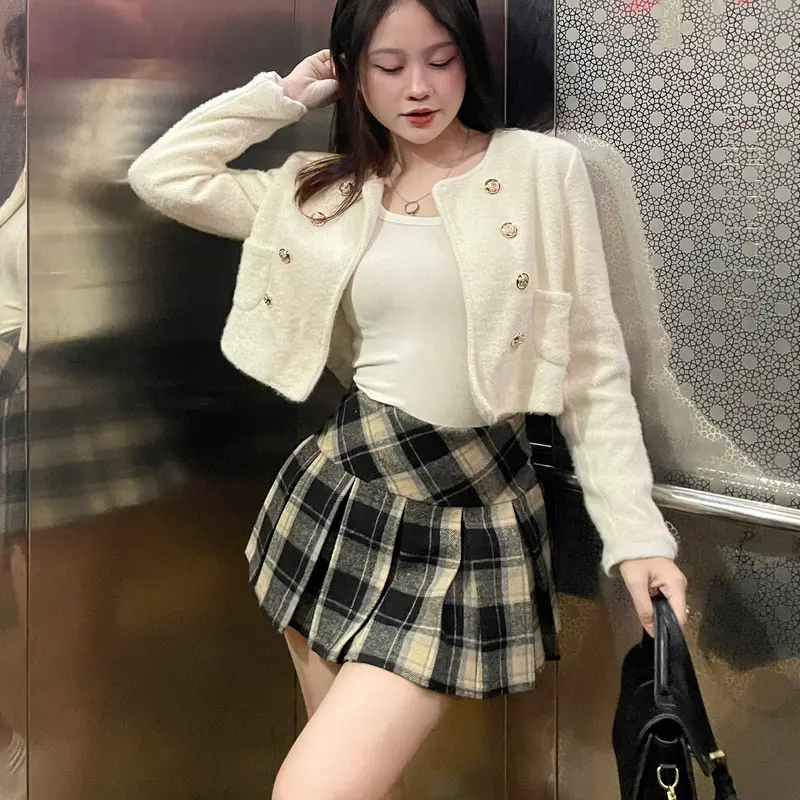 CHÂN VÁY DẠ KARO XẾP LY BẢN CẠP CAO TÔN VÒNG 3 CHE KHUYẾT ĐIỂM TỐT DỊP noel Women Nữ 3