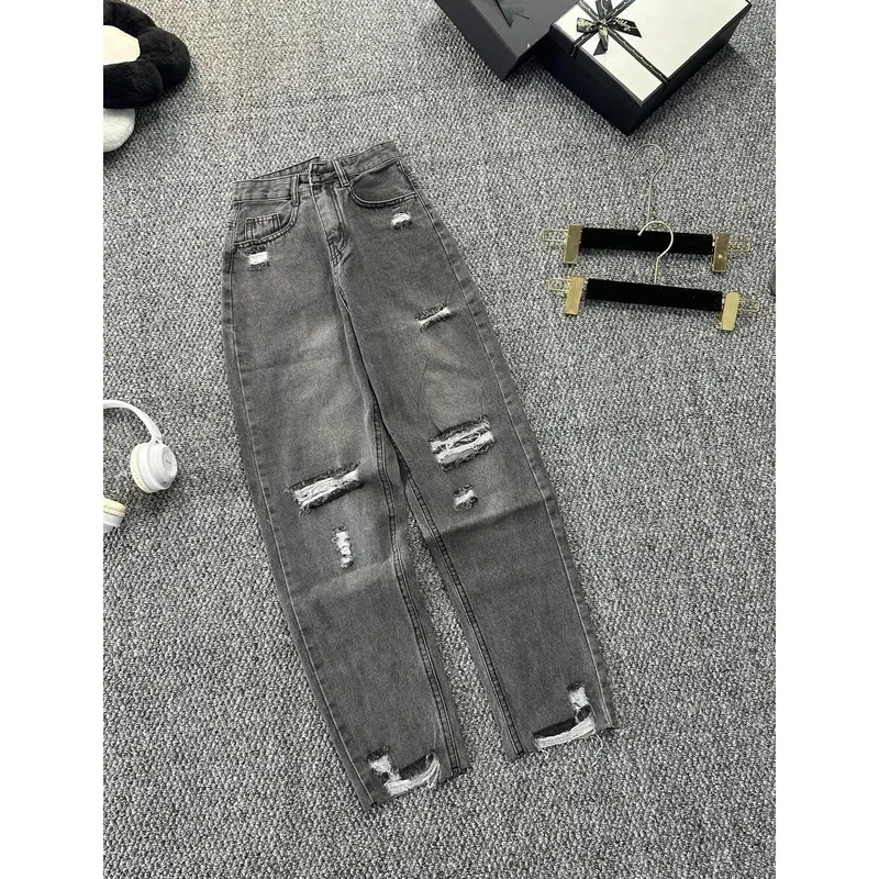 quần baggy nữ rách gối hai kiểu màu xanh và xám chât liệu cao cấp  kiểu dáng thời thượng Jean Pants Denim Có Túi Lưng Cao Khuy 2