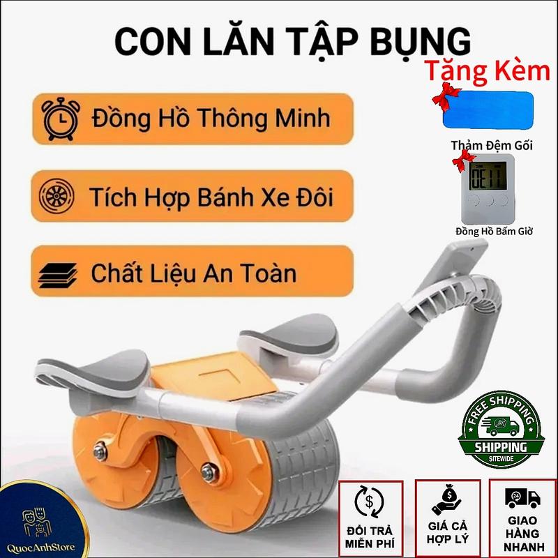 Con Lăn Tập Bụng Phiên Bản Cải Tiến Có Bánh Xe Trợ Lực - 2 Kệ Để Điện Thoại - Đồng Hồ Bấm Giờ - Thảm Đệm Gối Tập Cơ Bụng .