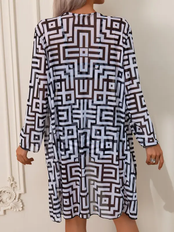Three-piece Set Women's All Over Geometric Print Bikini Set, Chic Long Sleeve Sheer Cover Up Top & Tie Front Swim Bra & Short Set, Ladies Swimsuit for Beach Holiday Vacation 4