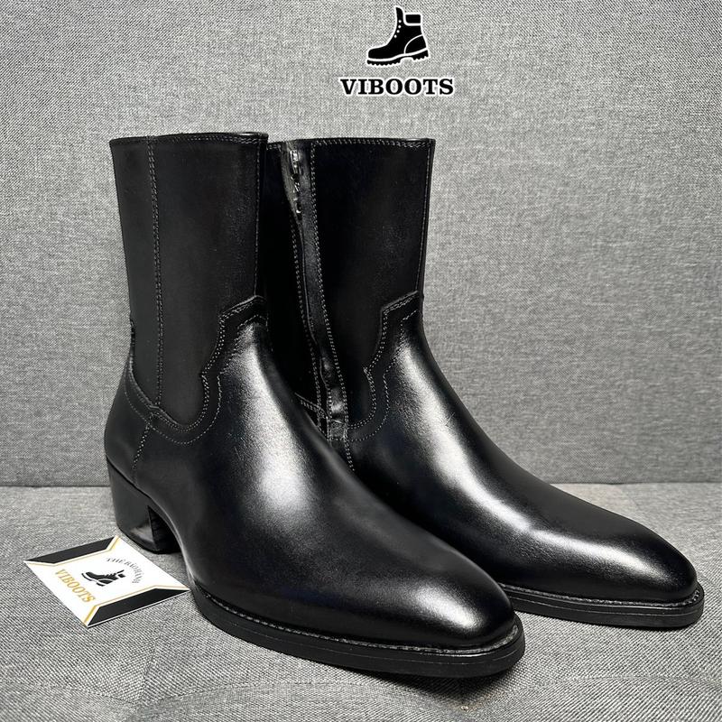 Giày Zip boots da bò cao cấp nhập khẩu gót cao 5cm Harness Boot cao cổ da thật kéo khoá đế phíp tăng chiều cao bảo hành 12 tháng
