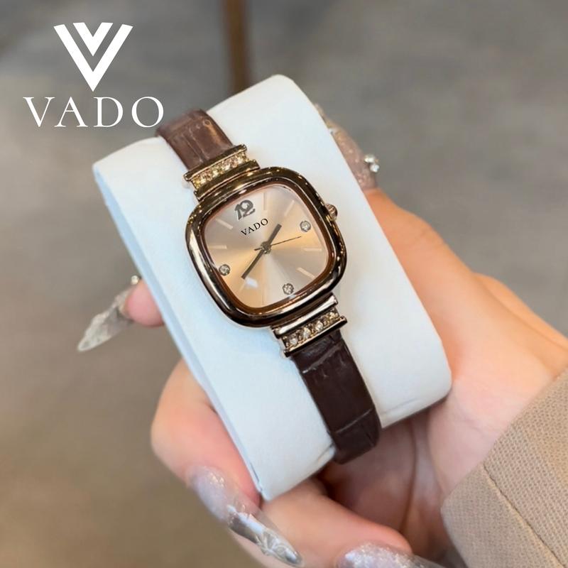 VADO Đồng Hồ Nữ Mặt Vuông, Dây Thật, Mặt Đính Đá Sang Chảnh - DH330 VADO