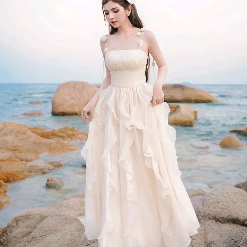 VV22 - Đầm cúp ngực 2 dây dáng dài, đầm cup ngưc thiết kế màu kem chất voan, bo chun, dây vai gắn hoa dáng bèo cho Nữ đi biển siêu xinh Dress Women 4