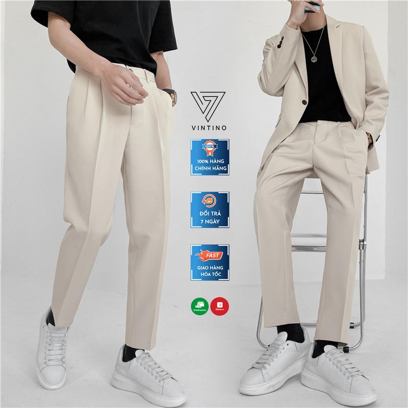 Quần Tây Nam Ống Suông Cạp Cao Dáng Baggy VINTINO. Quần Âu Nam Phong Cách Hàn Quốc 2 Màu Đen Be Vải Chống Nhăn Menswear Pants Có Túi