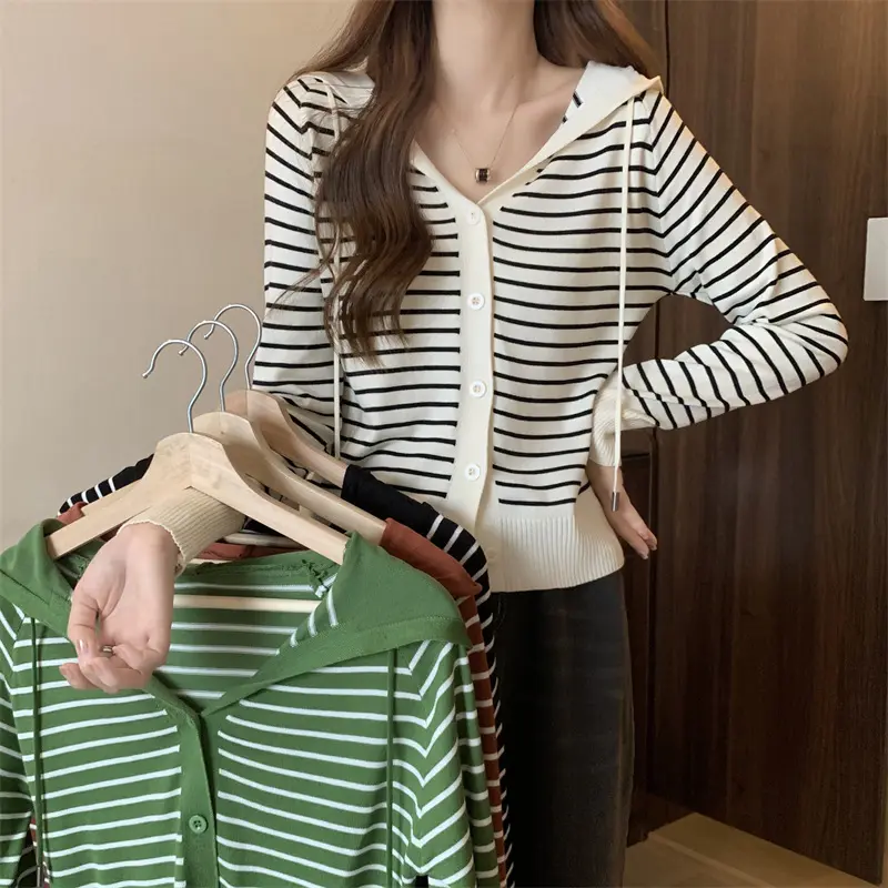 Áo Cardigan Dệt Kim Sọc Phong Cách Hàn Quốc, Dành Cho Nữ, Phong Cách Thường Ngày Dáng Rộng Rãi Và Mỏng, Dễ Phối Đồ, Áo Khoác Len Có Mũ Trùm Đầu, Thích Hợp Cho Áo Len