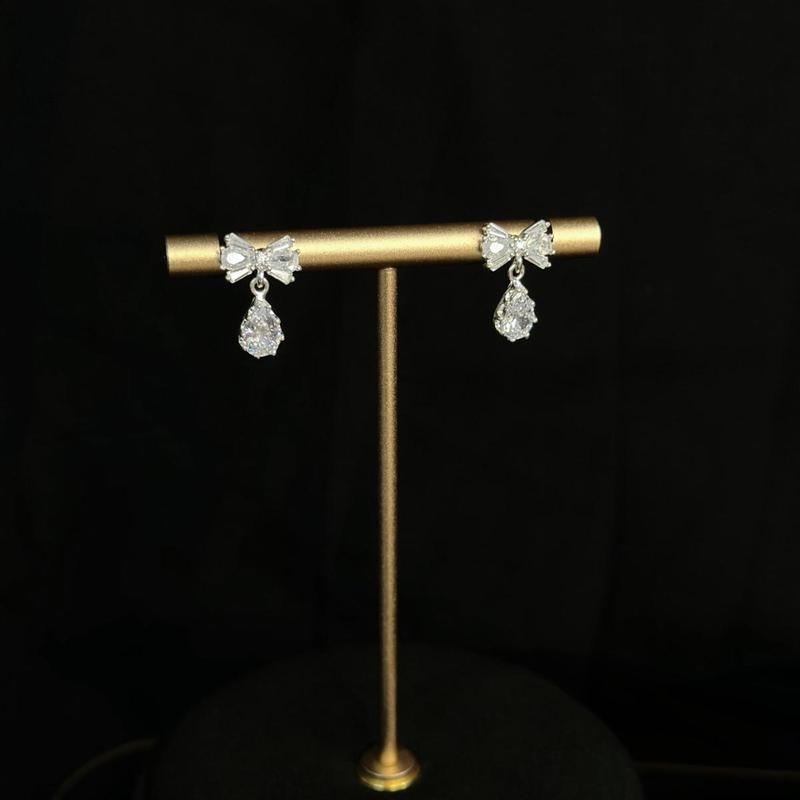 { Hoàng Phát } Phụ Kiện Bông Tai Bạc Ý 925 Cái Nơ Tiểu Thư Hột Vuông Tòn Ten Giọt Nước Xi Kim (B79)