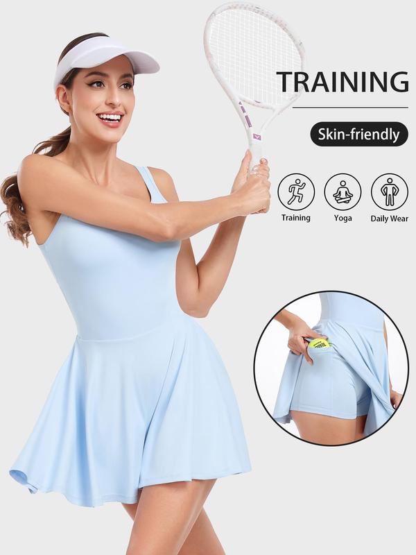 Sporty Women's Plain Twist Cut Out Backless Built-In Shorts Tennis Dress, Sports Sweetheart Neck Pocket Sleeveless Dress for Tennis Golf Workout, Ladies Sportswear for All Seasons Valentine's Day, gift 2