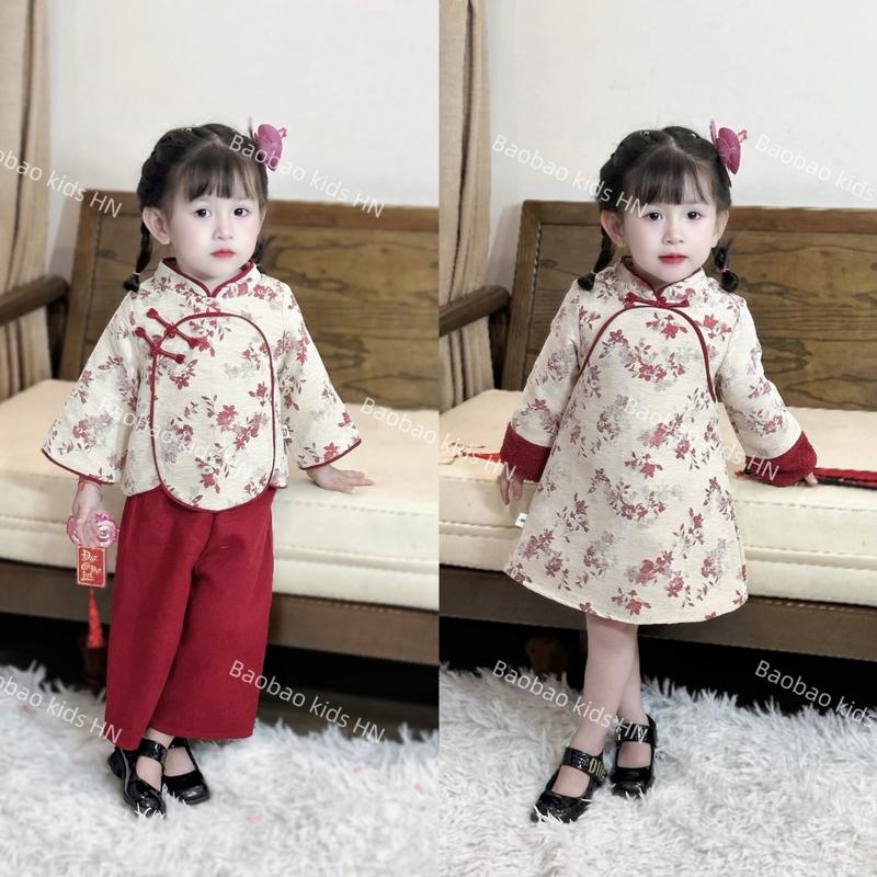 [Baobao kids] SET BỘ QUẦN ÁO GẤM DẠ HỌA TIẾT HOA ĐỎ CAO CẤP CHO BÉ GÁI -M205