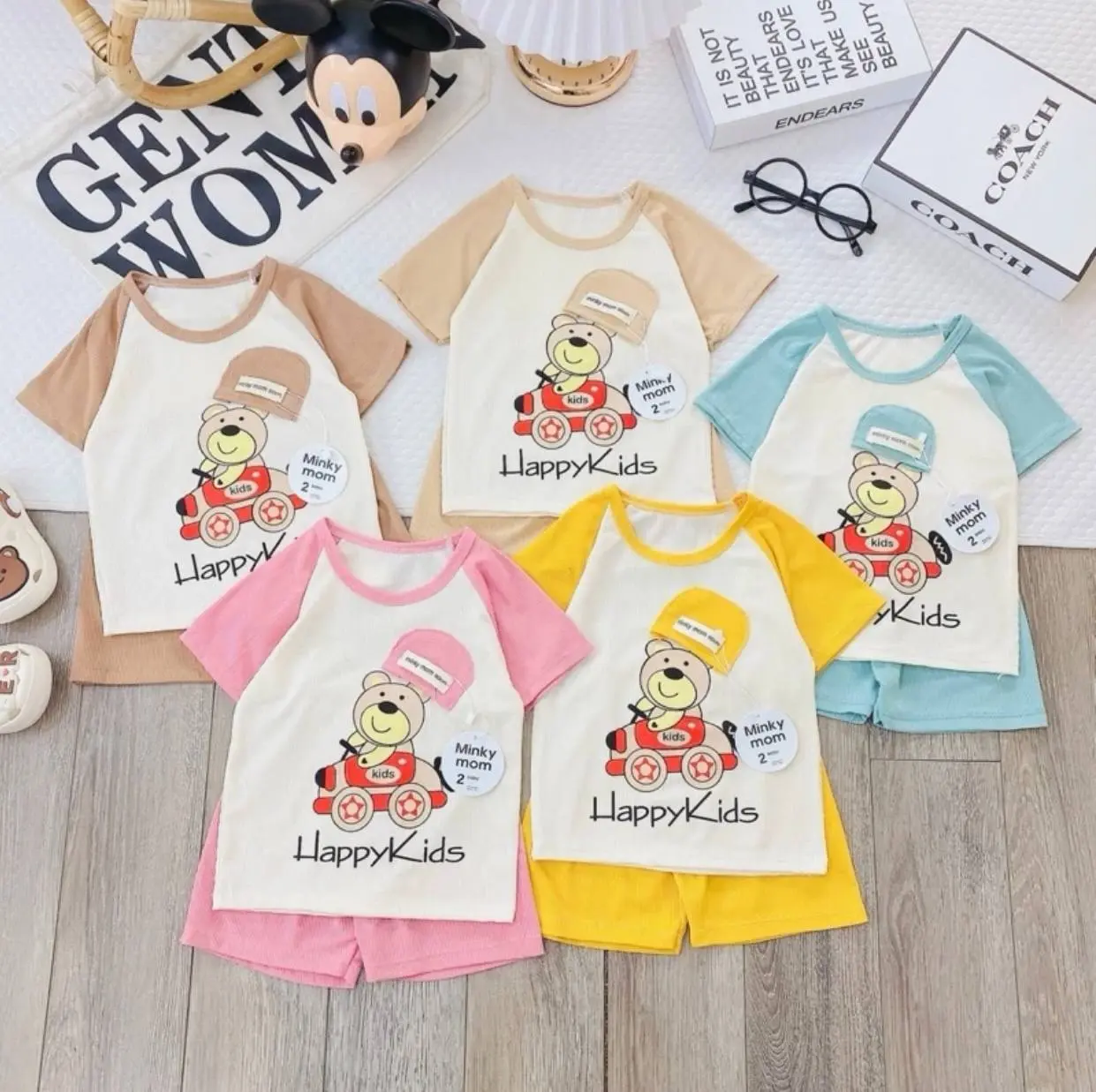 [5 bộ cộc tay] Đồ bộ mùa hè cho bé trai,bé gái in hình gấu từ 4-15 kg