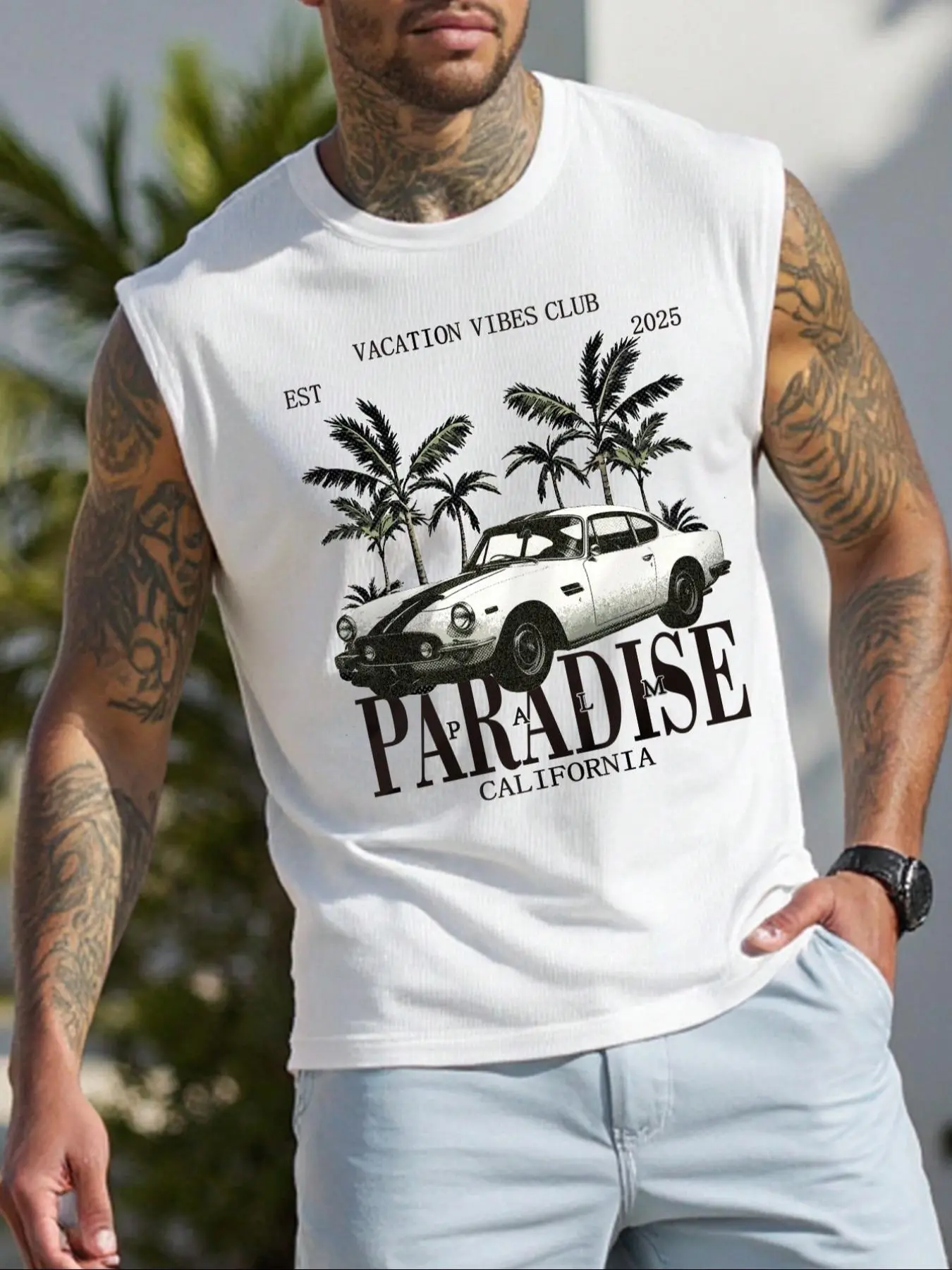 Men's Palm Tree & Car Print Tank Top, Regular Fit Casual Sleeveless Graphic Vest for Summer, Men's Top for Daily Wear, Socks