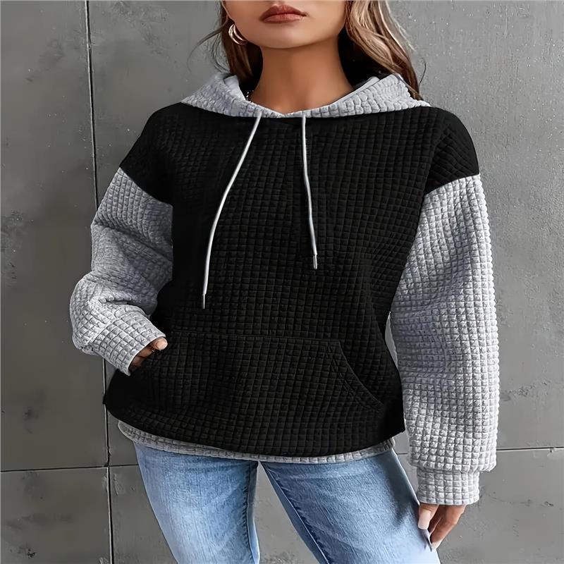 TikTok Shop Plus Size Color Block Hoodie Casual Kangaroo Pocket Drawstring Long Sleeve Hooded Sweatshirt Women s Plus Size Clothing Fabric Womenswear Collar Polyester Sweaters Tops Underwear Lady Pull...