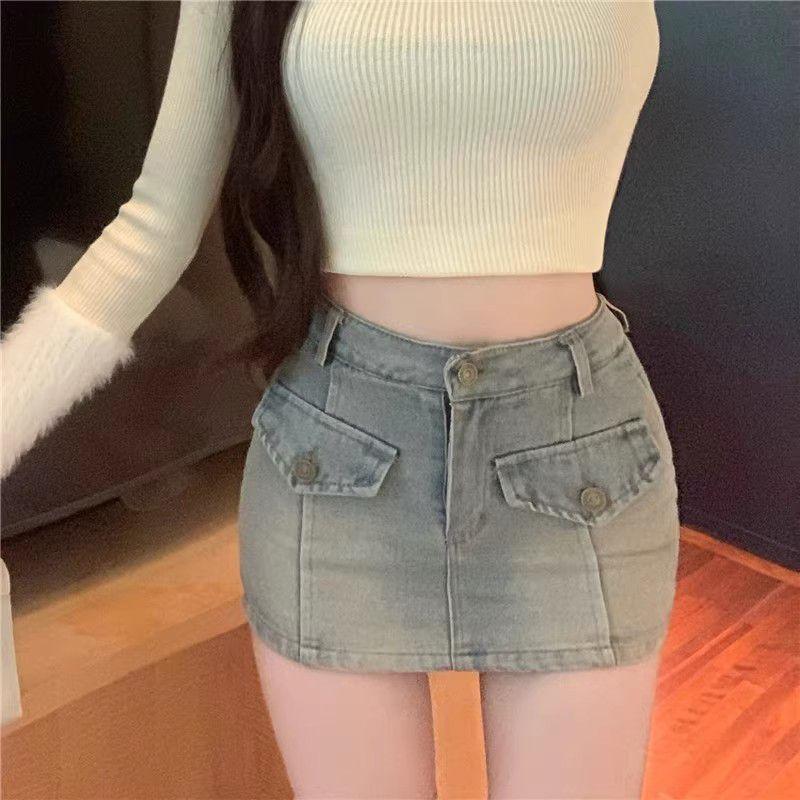 Chân Váy Bodycon Denim, Cô Gái Nóng Bỏng Mỹ, Chân Váy Nữ Mùa Hè, Chân Váy Chữ A, Chân Váy Bó Sát Gợi Cảm, Quần Chống Lộ, Thích Hợp Cho Nữ Women Khuy 5