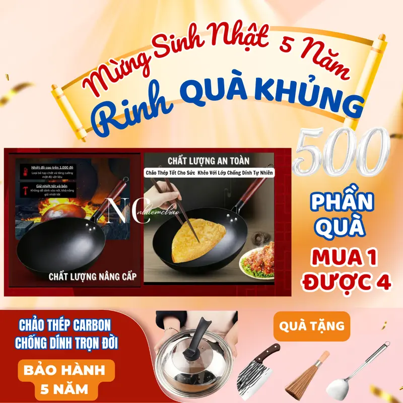 Đáy Tròn Chảo Thép Carbon  32cm Chống Dính - Tặng Dao Chổi Xẻng và Vung.. 2