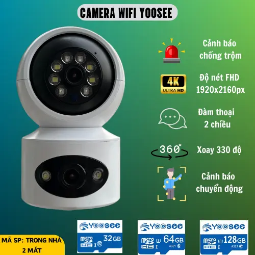 Camera Yoosee Wifi trong nhà nhỏ gọn 2 Mắt Xem 2 Màn Hình Cùng Lúc Xoay 360 Độ, Xem Đêm Có Màu, Hỗ Trợ Đàm Thoại 2 Chiều
